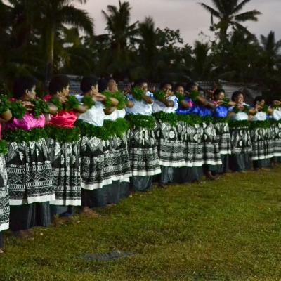 Women of the Dratabu village in Nadi, perform a traditional dance at the opening ceremony of the New Community Centre during Community Volunteer work in Fiji. Local women in Fiji perform a ceremony for the opening of a Community Centre at a placement lead by Projects Abroad Staff.
